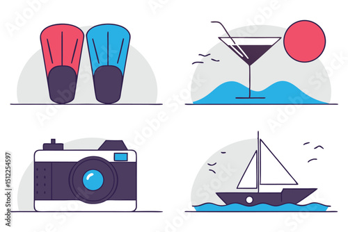 Summer Vacation Icons Fins, Cocktails, Camera, Sailboat