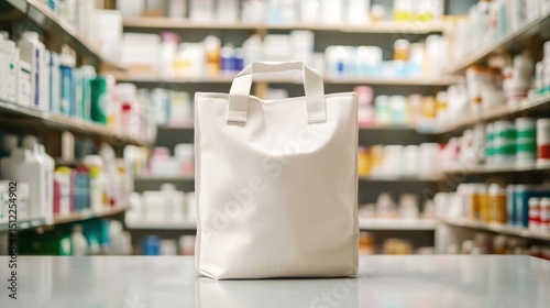 A white bag with handles sits on a counter in a pharmacy, with shelves filled with various medications in the background.