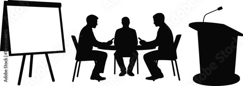 Silhouette illustration of three people at a table, flip chart, and podium with microphone