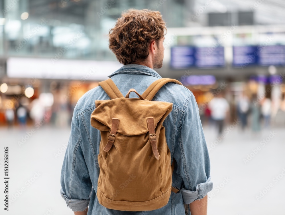Fototapeta premium Man with a backpack looking at the departure board, in the middle of a busy train station.