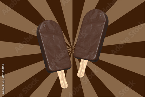 Two chocolate popsicles on sticks against a brown radial ray background. Suitable for food and summer promotion themes.