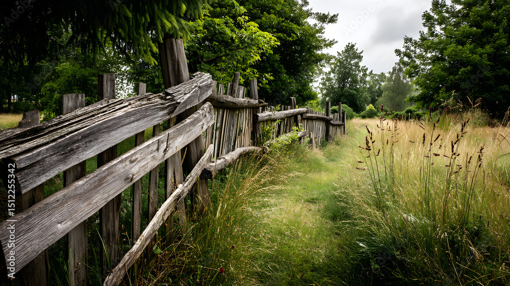 A rustic wooden fence borders a grassy path, creating a serene scene of nature under a cloudy sky. A rustic wooden fence borders a grassy path, creating a serene scene of nature under a cloudy sky.