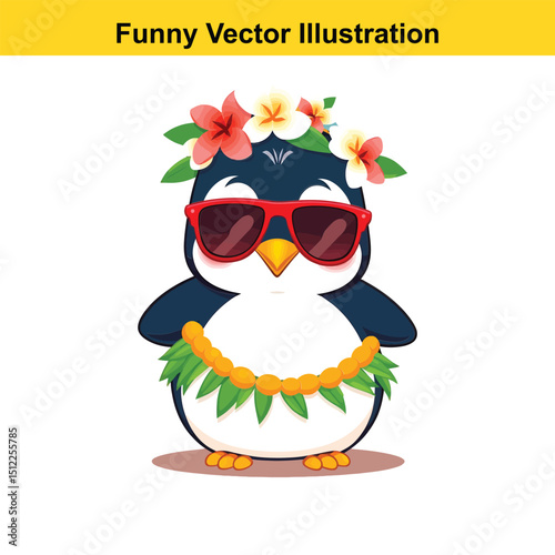 Cute Penguin Cartoon Character Wearing Sunglasses Lei and Flower Crown