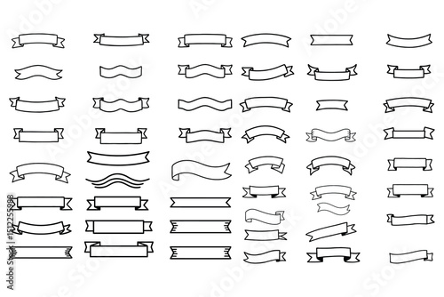 Vintage Ribbon Banner Vector Set – Hand Drawn Outline Scroll Label Collection