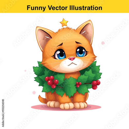 Festive Feline Adorable Cartoon Cat with Christmas Wreath and Star Decoration