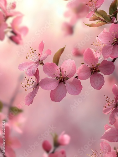 Pink crabapple blossoms in full bloom on the branches photo