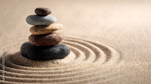 Stone pyramid in the Zen garden: Stacked pebbles on smooth sand – mindfulness and relaxation