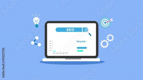 Animated SEO optimization on laptop. Dynamic keyword search, data analysis, and target visuals. Ideal for digital marketing, web strategy, and business growth concepts. With alpha channel only 4k.
