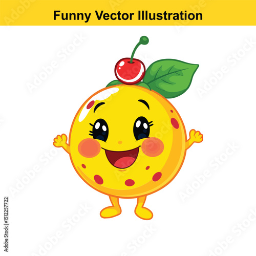Smiling Orange Cartoon Character with Cherry Hat Cheerful and Friendly