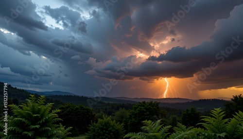 a stormy sky with swirling clouds, lightning striking over a forest, rain drenching ferns, and a faint horizon glow.
