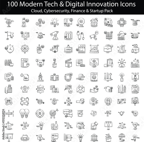 100 Modern Tech & Digital Innovation Icons – Cloud, Cybersecurity, Finance & Startup Pack