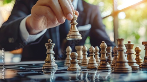 A businessman in a suit playing chess on a black and white checkered board.