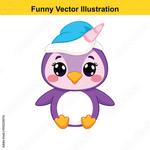 Cute Cartoon Penguin with Unicorn Horn and Pink Mane Illustration