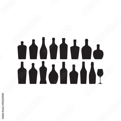 Collection of black bottle silhouettes and wine glass isolated on white background. Silhouette of Liquor Bottles on Bar Shelves – Vector Illustration of Alcohol Bottles, Wine, Spirits, and Glassware