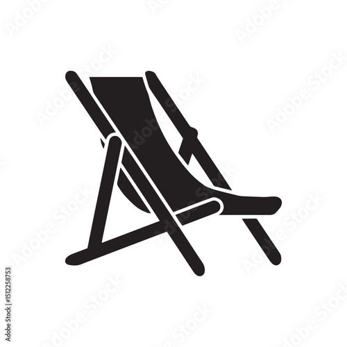 Simple deck chair icon white graphics isolated on white background. Silhouette of a Beach Deck Chair Icon | Summer Vacation Relaxation Symbol in Black on White Background | Vector Illustration
