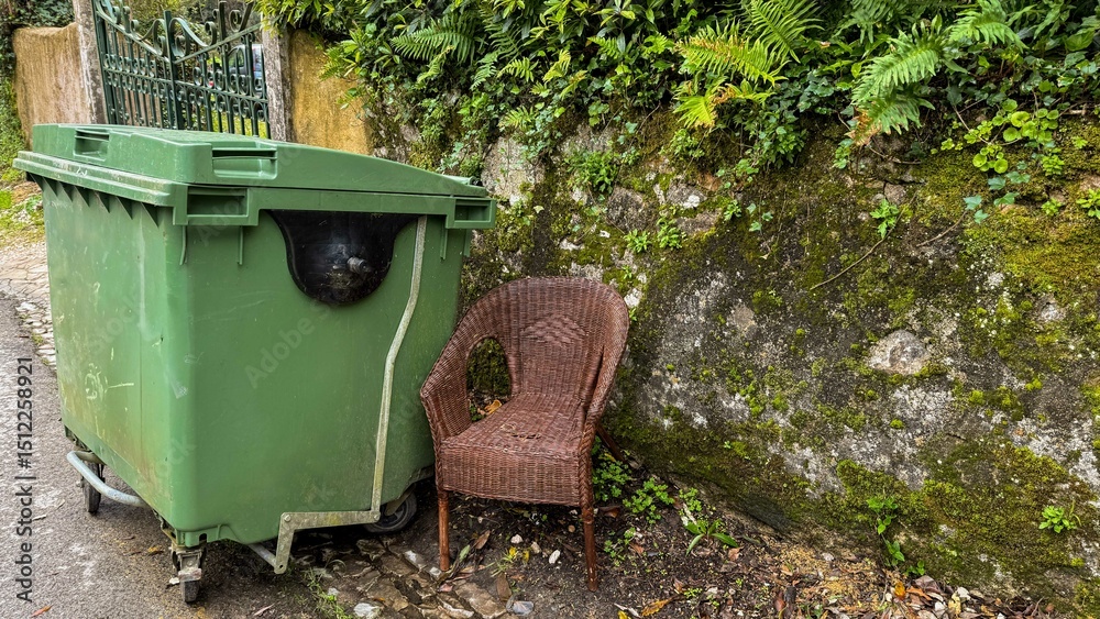 Fototapeta premium Wicker chair whispers earthy secrets to mossy alley, capturing Urban Secrets Day and Vintage Revival Festival mood