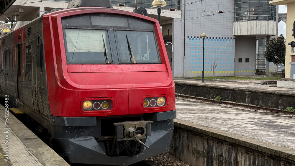 Naklejka premium Red commuter train rests quietly at urban station, transit rhythms, Passenger Appreciation Day, vibrant transportation pulse