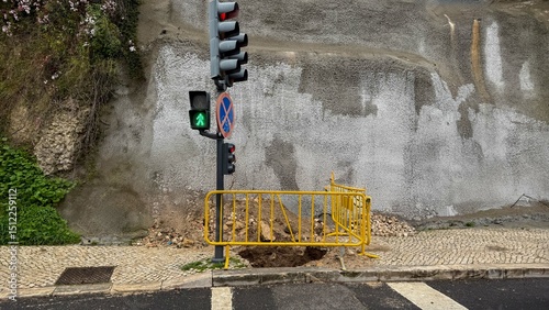 Urban chasm by a solitary traffic light, mysterious void custody, reminiscent of Chaos Never Dies Day