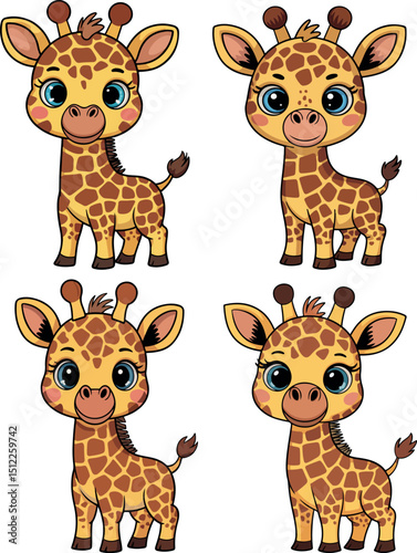 Cute giraffe cartoon set vector illustration