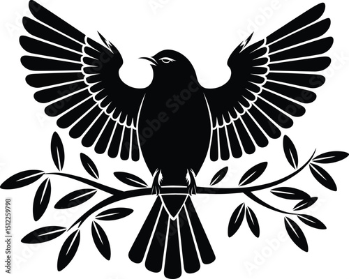 bird with branch and leaves icon over white background. black and white design. vector illustration