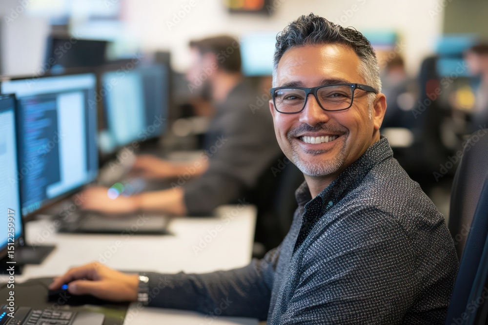 Fototapeta premium Tech Professional Working with Multiple Monitors at Desk