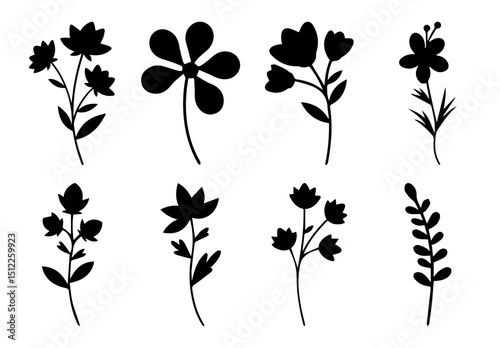 Flower Silhouette Set of Botanical Elements for Nature Design Isolated on Transparent Background