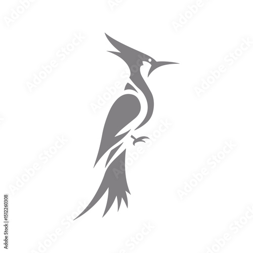 A stylized woodpecker logo in grey