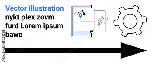 Tablet with location pin on a map, gear icon representing settings or process, bold arrow showing progress. Ideal for technology, navigation, settings, workflow, travel, process optimization simple
