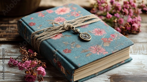 A cherished floral journal bound with twine holding untold stories a diary of dreams and memories on aged wood with a