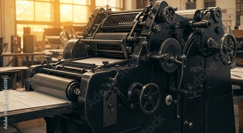 Vintage printing press in a workshop. Sunlight streams through windows