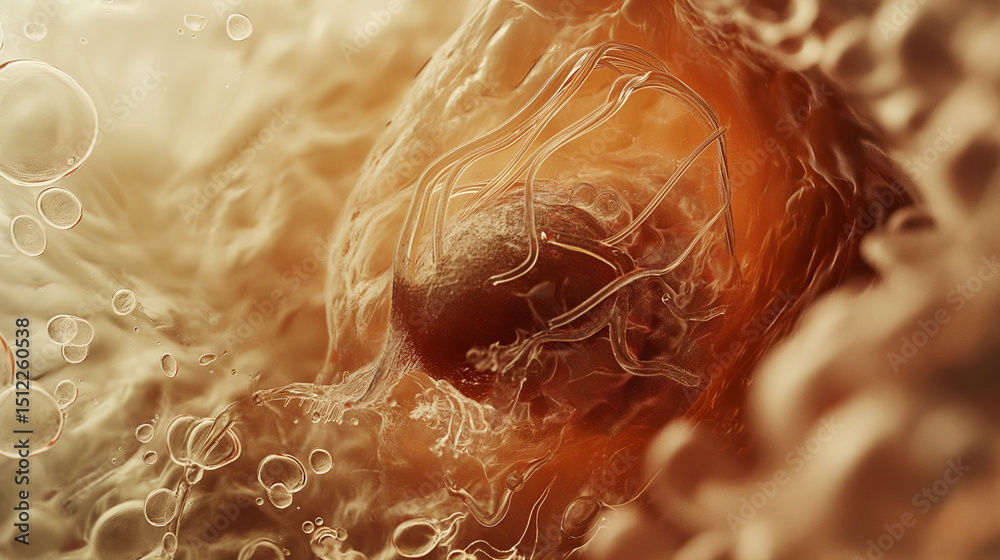 Obraz premium Microscopic view of a virus infecting cells, illustrating biological warfare and the spread of infection within the human body, featuring bubbles and organic textures