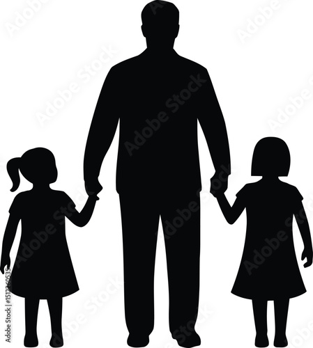 Father with two children vector silhouette illustration isolated on a white background.
