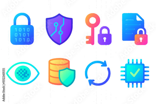 Modern Data Encryption Icon Set – Vibrant Cybersecurity Symbols
