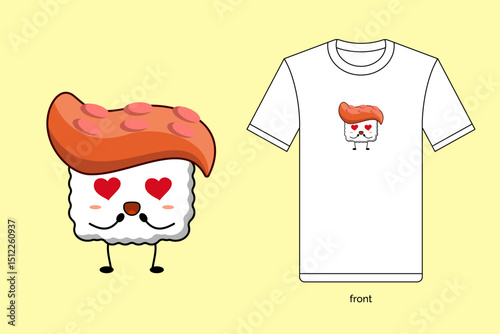 Kawaii sushi illustration vector design with T-shirt mockup. EPS 10