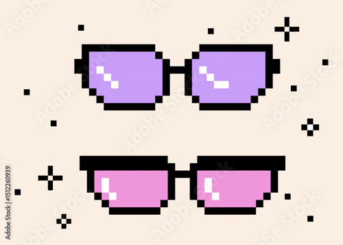 Stylish vintage sunglasses icon. Y2k inspired summer vibe isolated vector illustration. 8 bit style. Game abstract pixel glasses fashion design element for card, banner, collage sticker