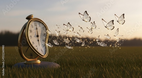 Time's Flight: A surreal image of time's passage, featuring a melting clock with butterflies emerging, set in a serene field, capturing the essence of time's fleeting nature. photo