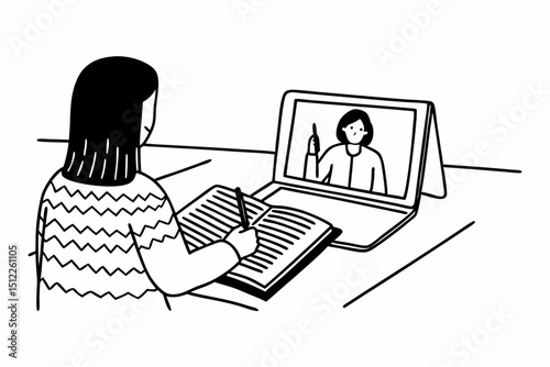 A student woman in sweater watching e-learning to studying lesson online class on tablet and taking notes in notebook while sitting to learning knowledge and education in universit