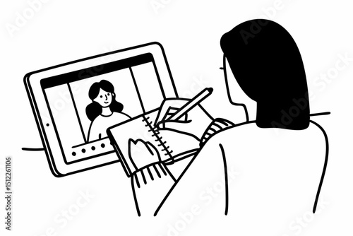 A student woman in sweater watching e-learning to studying lesson online class on tablet and taking notes in notebook while sitting to learning knowledge and education in universit