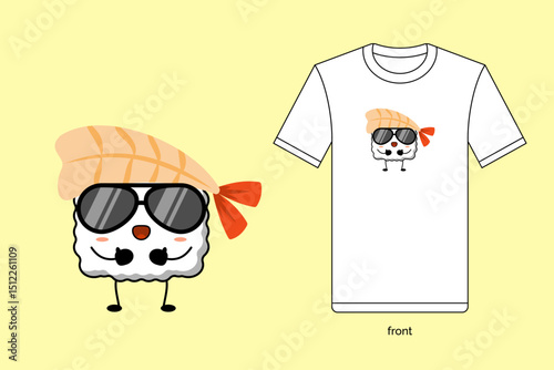 Kawaii sushi illustration vector design with T-shirt mockup. EPS 10