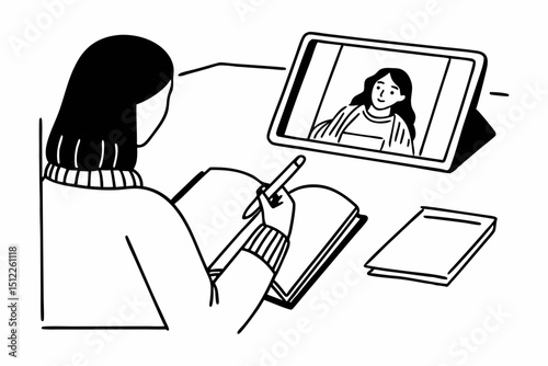 A student woman in sweater watching e-learning to studying lesson online class on tablet and taking notes in notebook while sitting to learning knowledge and education in universit