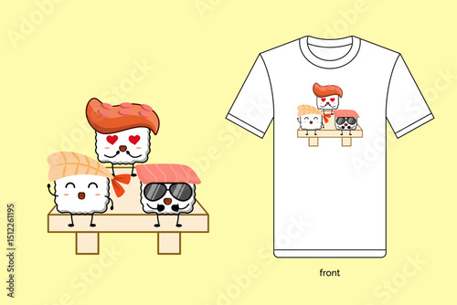 Kawaii sushi illustration vector design with T-shirt mockup. EPS 10