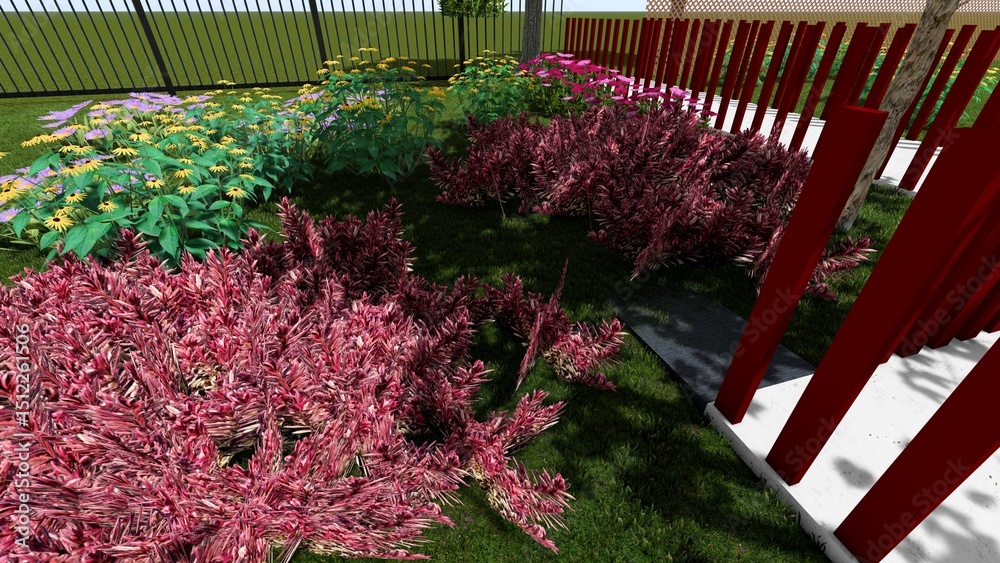 Obraz premium 3d image of the landscape design of the home territory. Landscaping of the territory. Computer visualization of composite landscaping and landscaping solutions. White garden.