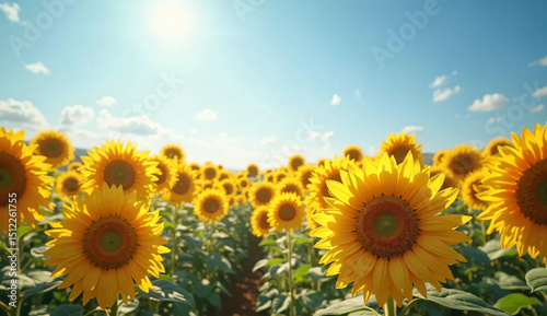 Sunflower field and sunset. Garden.