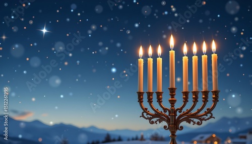 a hanukkah menorah with glowing candles and blank sky space photo