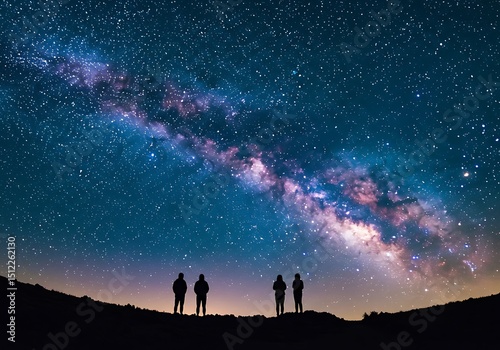 Silhouetted figures admire the milky way galaxy at night