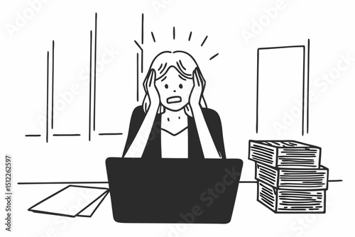 A woman is sitting at a desk with a laptop and piles of papers. She is looking at the papers and she is in a state of panic