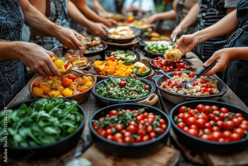 Obraz premium Food preparation with people bustling around, chopping vegetables and stirring pots.