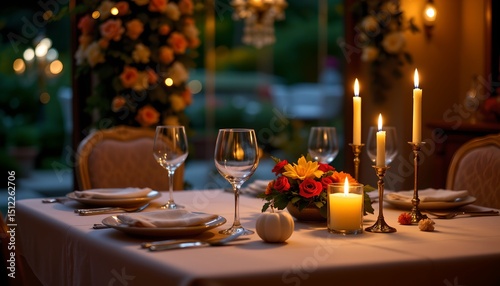 a romantic candle lit dinner table with a soft bokeh effect in the background