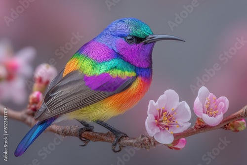 A blooming wild Himalayan cherry serves as a backdrop for a colorful Mrs. Gould's Sunbird photo