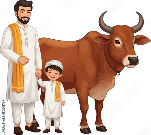 Muslim Father and Son with Qurbani Cow Illustration for Eid al-Adha Celebration